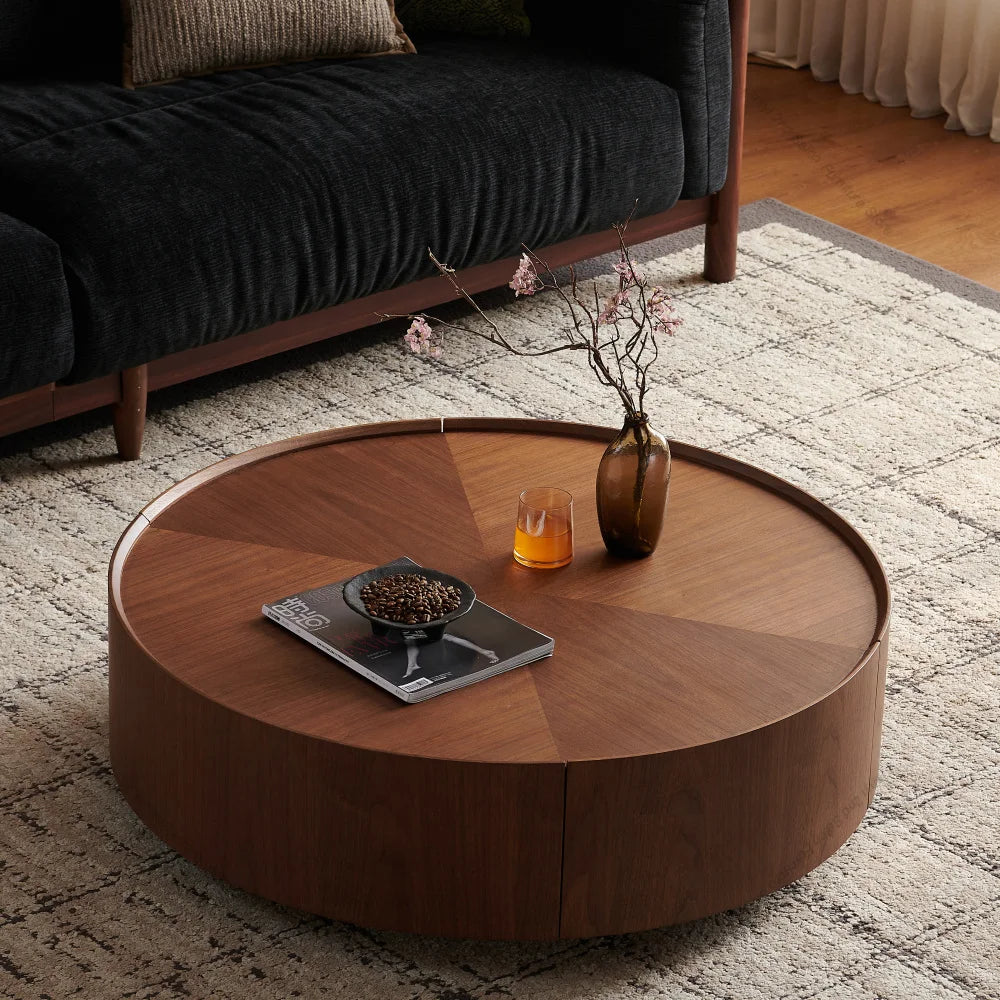 Vintage Round Walnut Wooden Coffee Table, Modern Center Table for Living Room & Office, High-end Tea Table Home Furniture FYCT