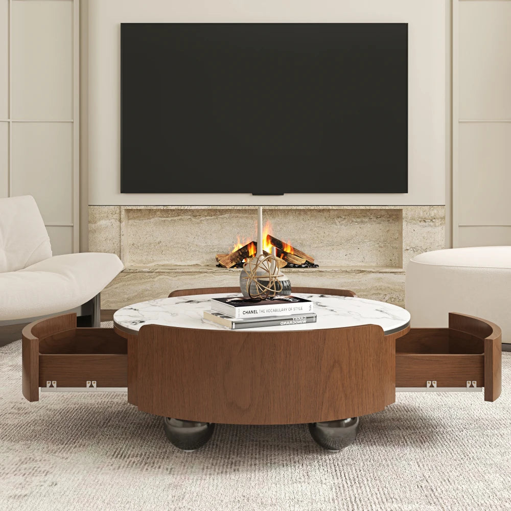 Round Stone Top Coffee Table Dual Storage Drawers Walnut Wood Frame Black Ball Feet Cocktail Table for Living Room Home Office