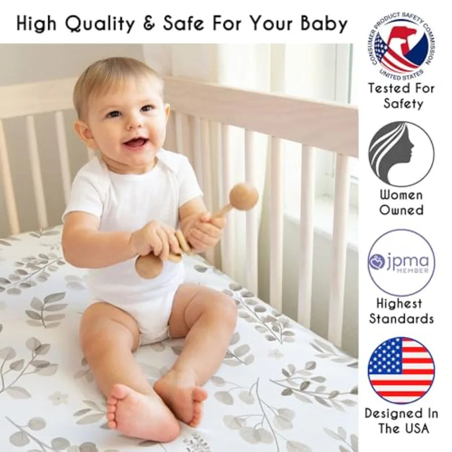 4-Piece Baby Crib Bedding Set Woodland Boho Leaf for Girls Infants/Nursery incl. Blanket Fitted Sheet Skirt Diaper Stacker (Neu