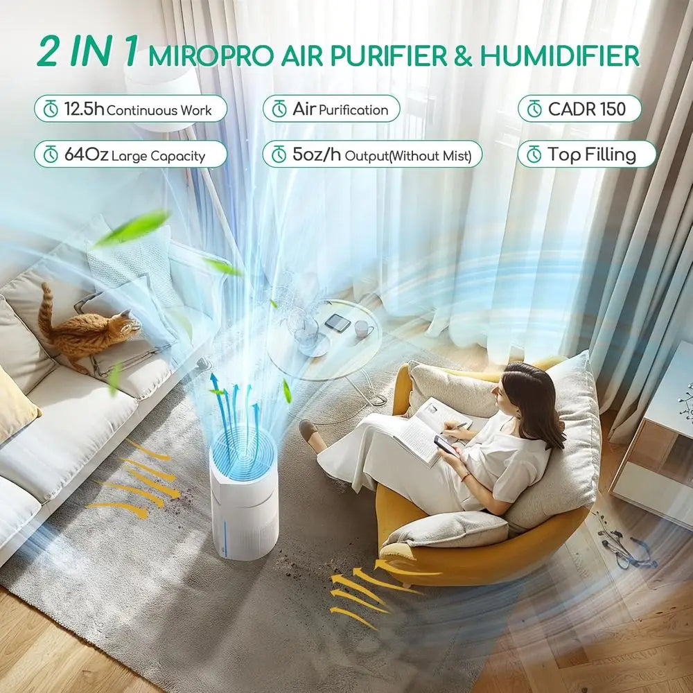 Dual Function Air Purifier and Humidifier with 3-Stage Filtration, Ultra Quiet, Auto Off, 7-Color LED, Perfect for Pets and Smok