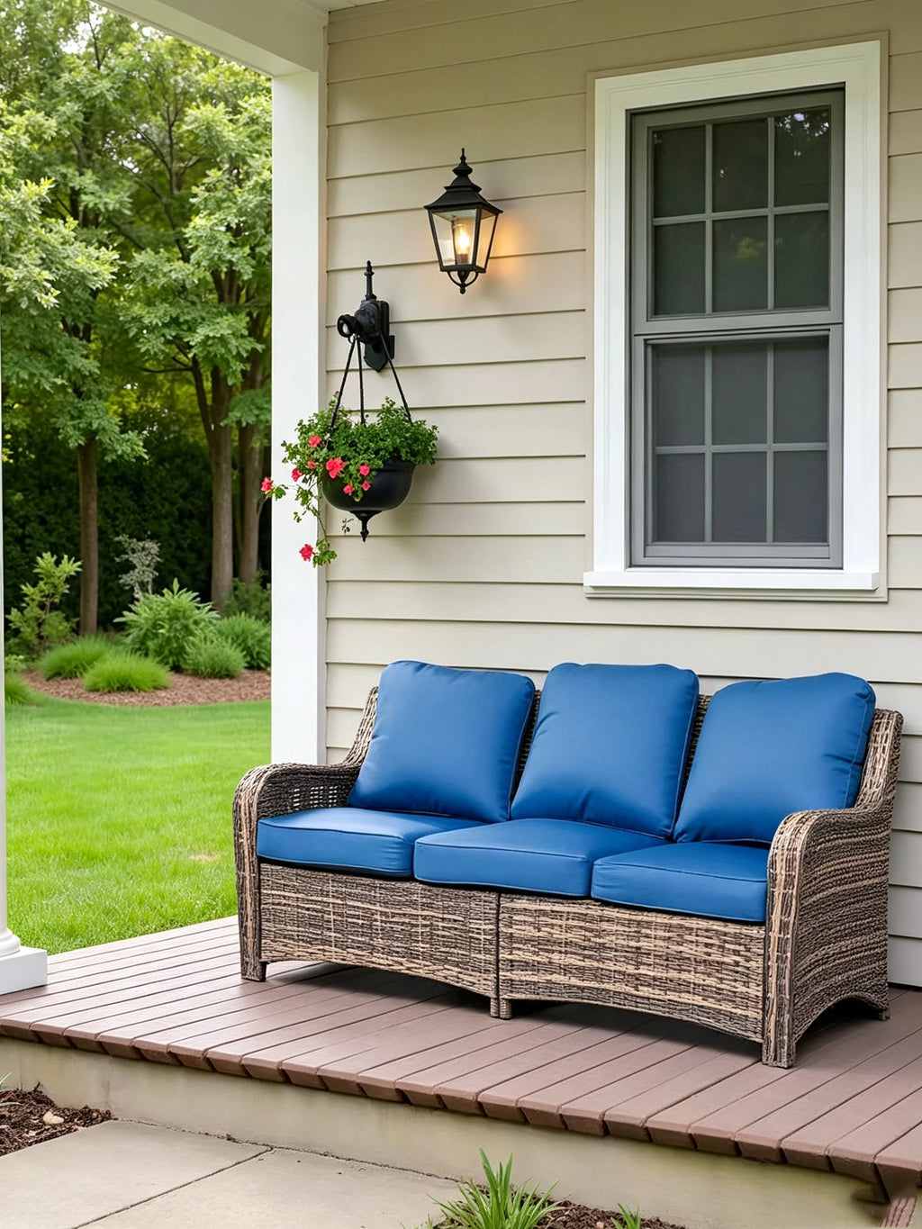 Outdoor Patio Wicker Sofa 3-Seater with Wide Armrests Comfortable Garden Couch for Entertaining And Relaxing(Blue)