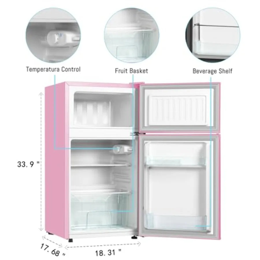 Mini fridge with freezer for bedroom, office, kitchen, apartment, dorm; pink compact refrigerator, 3.2 cu.ft, two-door design,