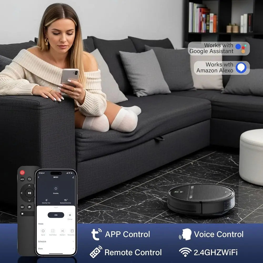 2-in-1 Slim Robot Vacuum and Mop with Wi-Fi/Voice Control, 3D Obstacle Avoidance, Self-Charging for Hard Floors and Carpets, Pet