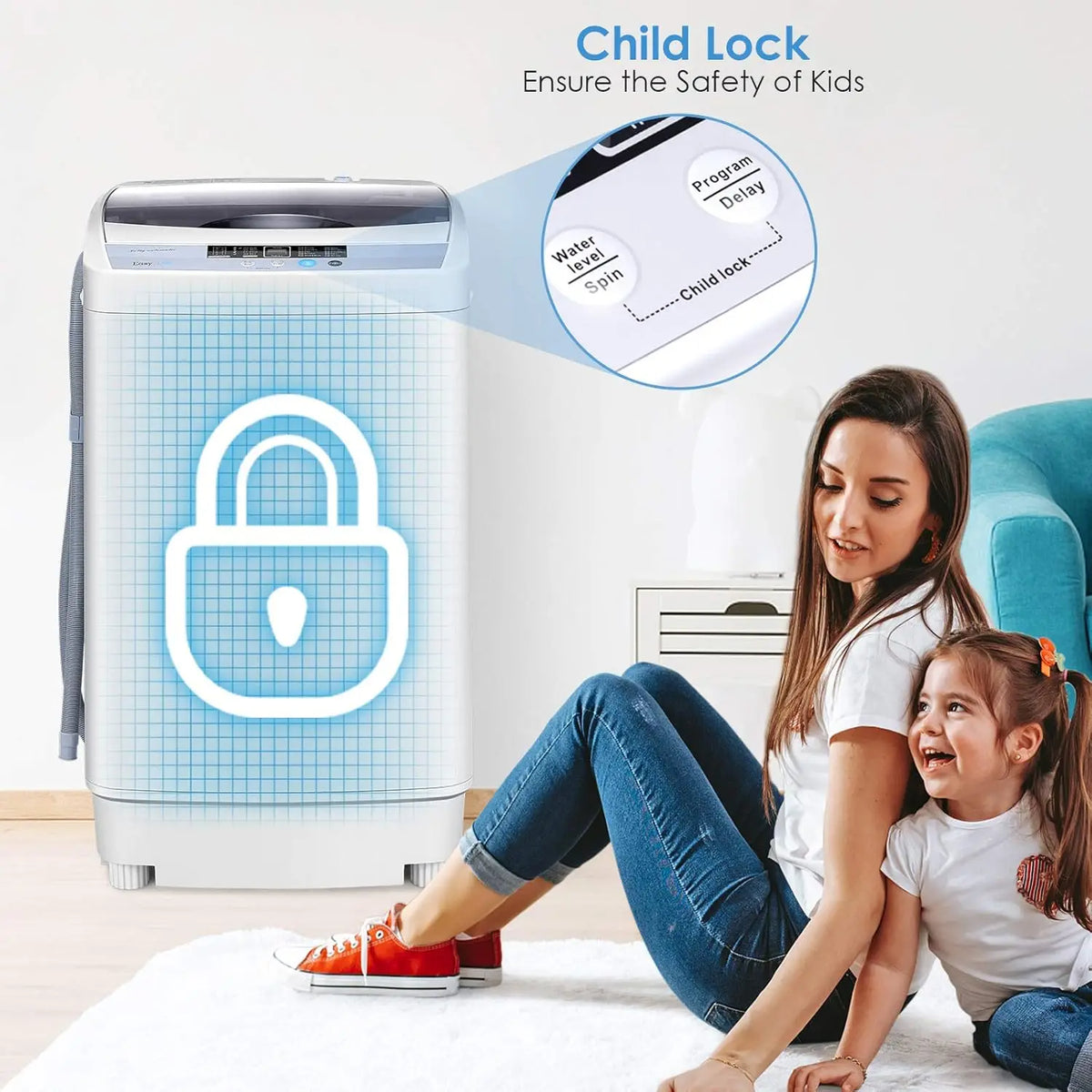 Portable Compact Washing Machine, 12lbs Capacity, Full-Automatic with Drain Pump, 10 Programs & 8 Water Levels