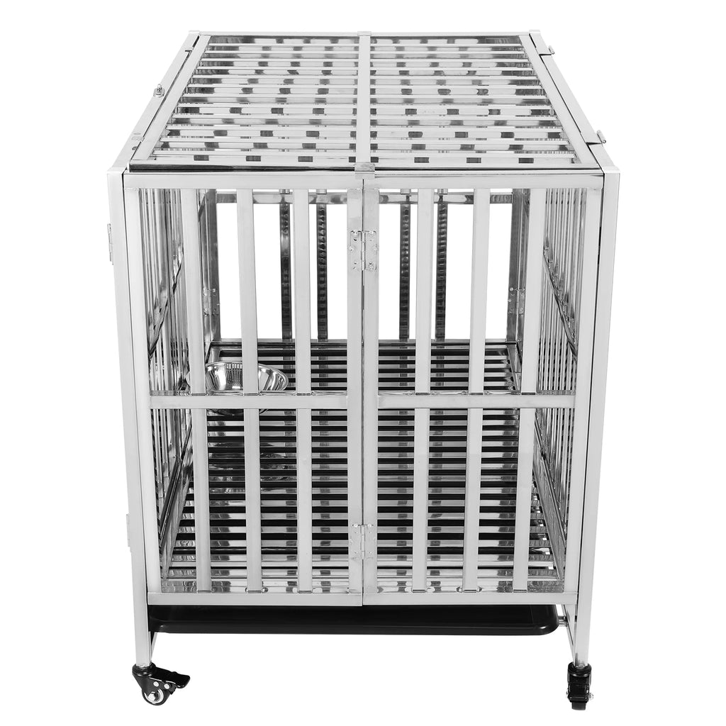 37in Steel Tube Foldable Dog Cage Crate with Four Wheels Strong Metal Pet Kennel Cage Double Doors with Roof Removable Tray