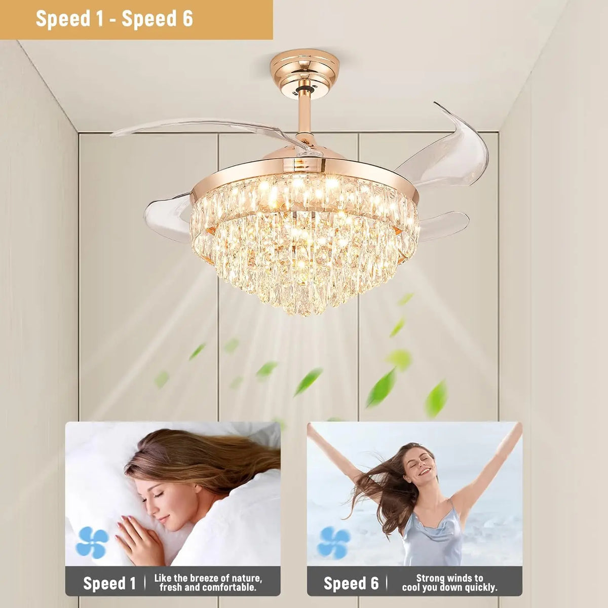 42'' Dimmable Ceiling Fan with Light and Remote Crystal Modern Chandelier Fan Retractable Fandelier with Memory, Silent Motor, 6