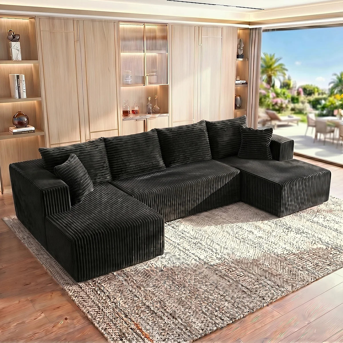 128" Boneless Modular Sectional Cloud Sofa, U-Shaped Double Chaise, Deep Seat, with 8 Free Throw Pillows for Living Room