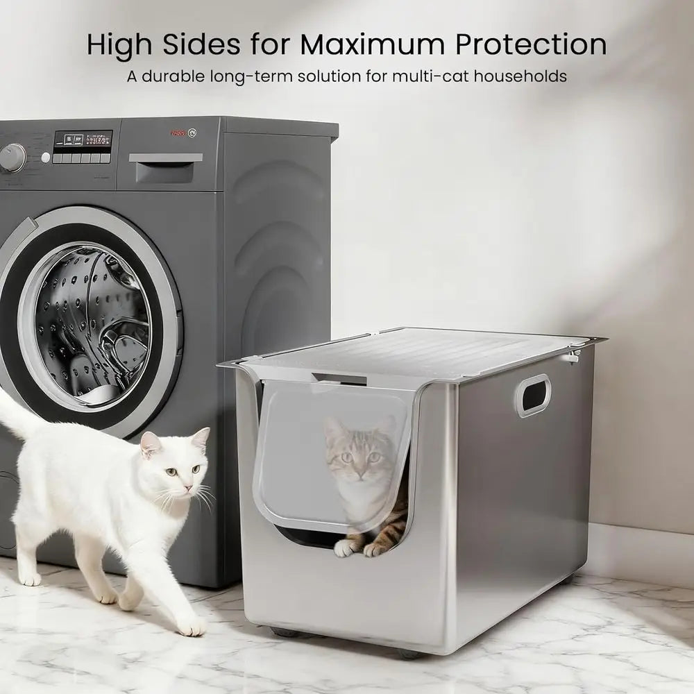 StainlSteel Litter Box with Lid, Cat Litter Box with Door 14.5'' High Sides, XL Metal Kitty Litter Pan, Pet Toilet with Wheels o
