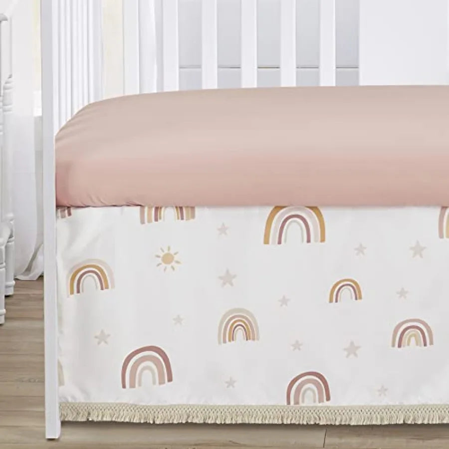 Boho Rainbow Girl Baby Crib Bedding Set Infant Nursery BreathableBaby Breathable Mesh Crib Liner Blanket Sheet Skirt 6 PC Blush