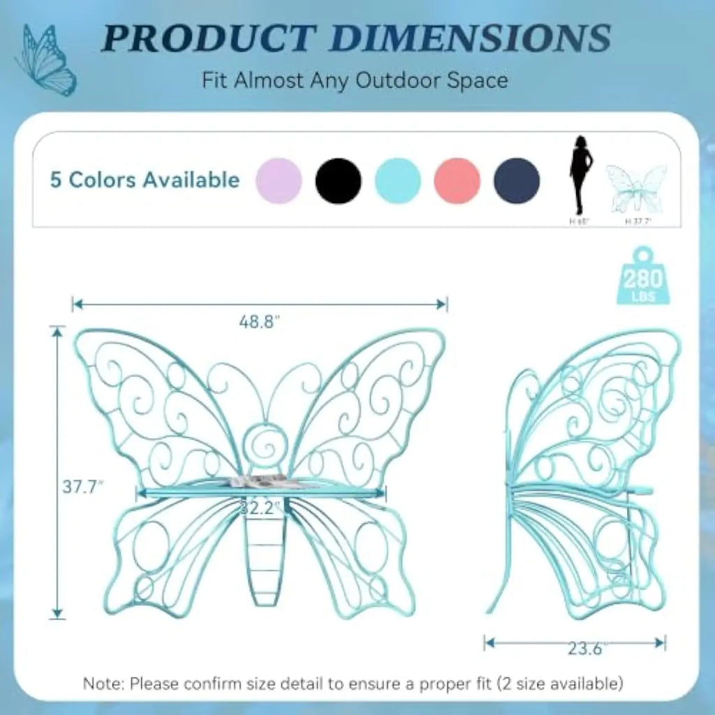 49 Inch Garden Butterfly Bench Featuring Powder-Coated Iron Frame for Outdoor Durability and Indoor Versatility in Vibrant Blue