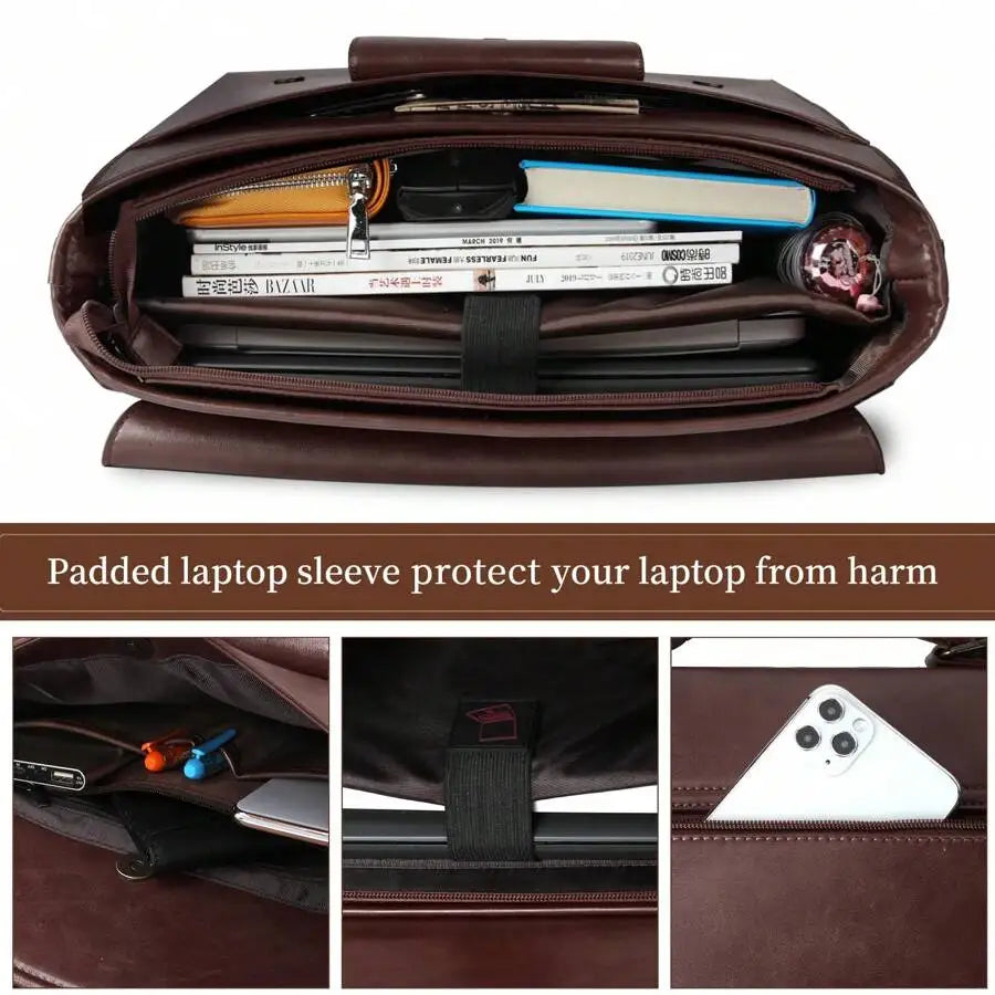 Men's Vintage Leather Messenger Bag: Waterproof 15.6" Laptop Briefcase, Large Satchel for Office & Travel.