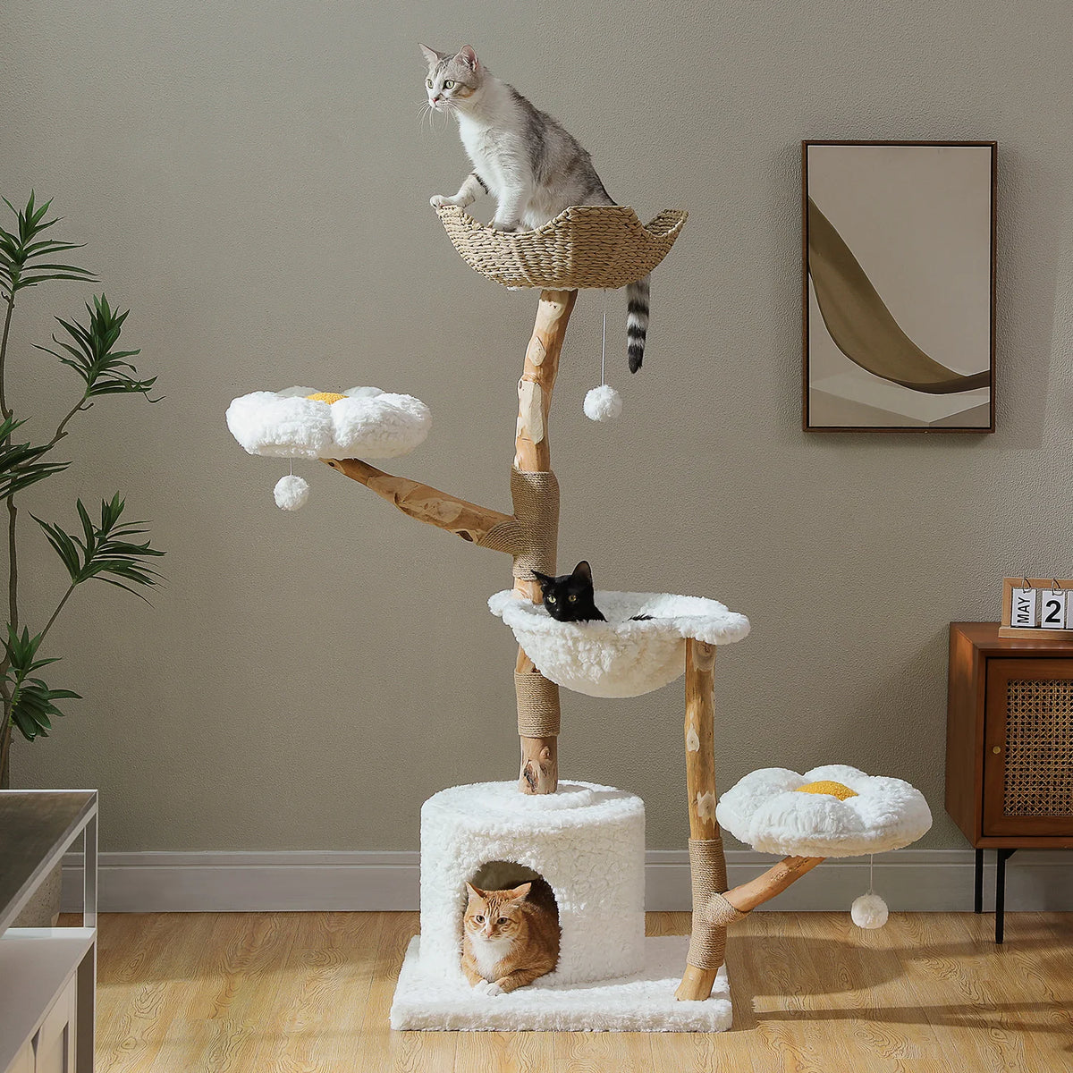 Large Cat Tree Tower with Sisal Scratching Post Wicker Basket Bed Flower Cat Condo Indoor Modern Cat Furniture Cat Accessories