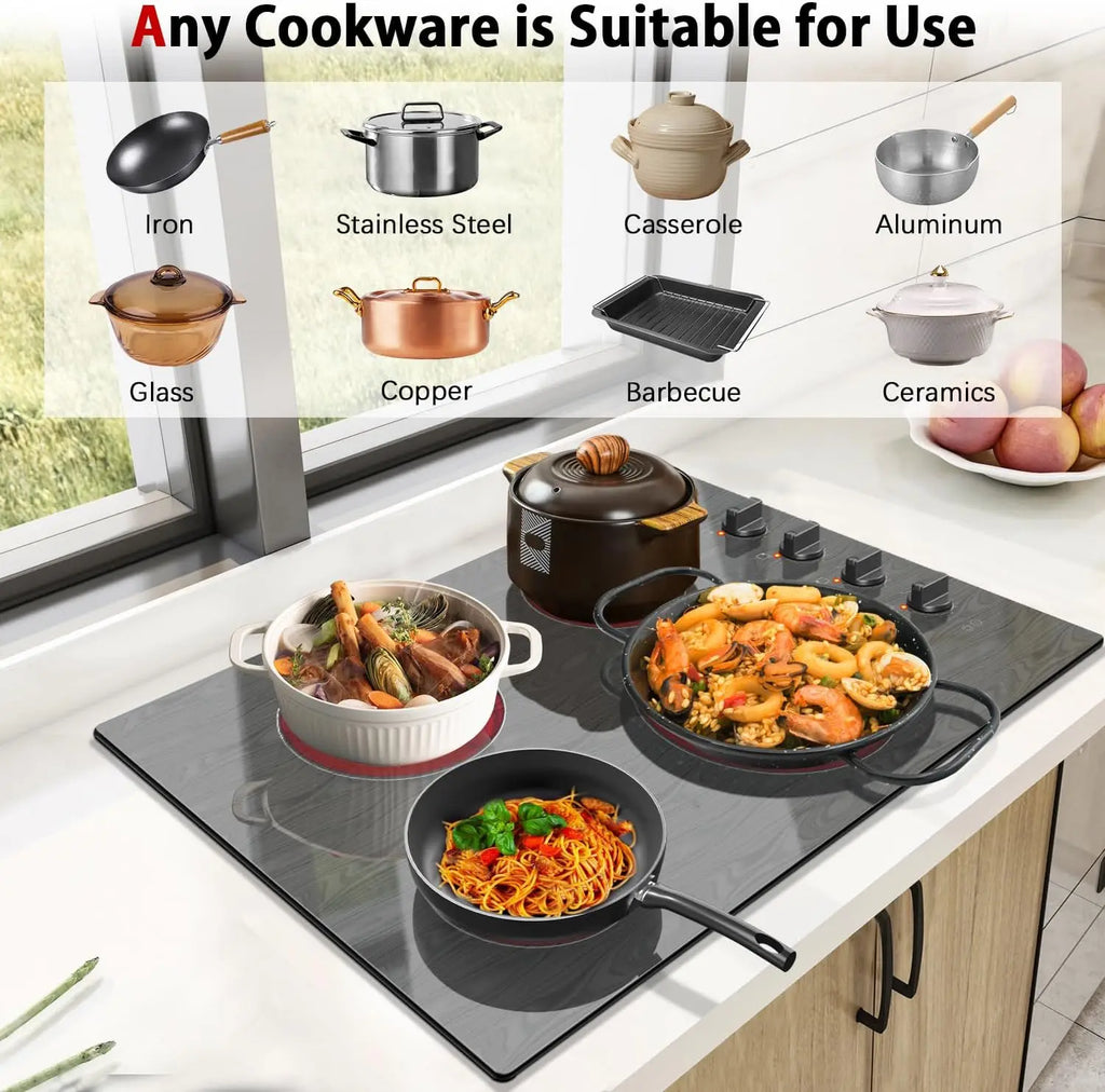 Karinear 4 Burners Ceramic Electric Cooktop, Knob Control, Beautiful Wooden Pannel, 30" Built-in,6700W, 220-240v Hard Wired