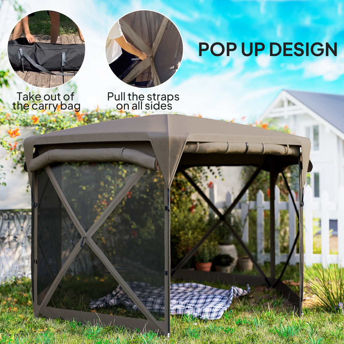 11 X 11ft Pop up Gazebo Screen Tent with Removable Roof Cover, 4 Roll-Up Wind Panels for Camping, Patio, Backyard, Lawn, Brown