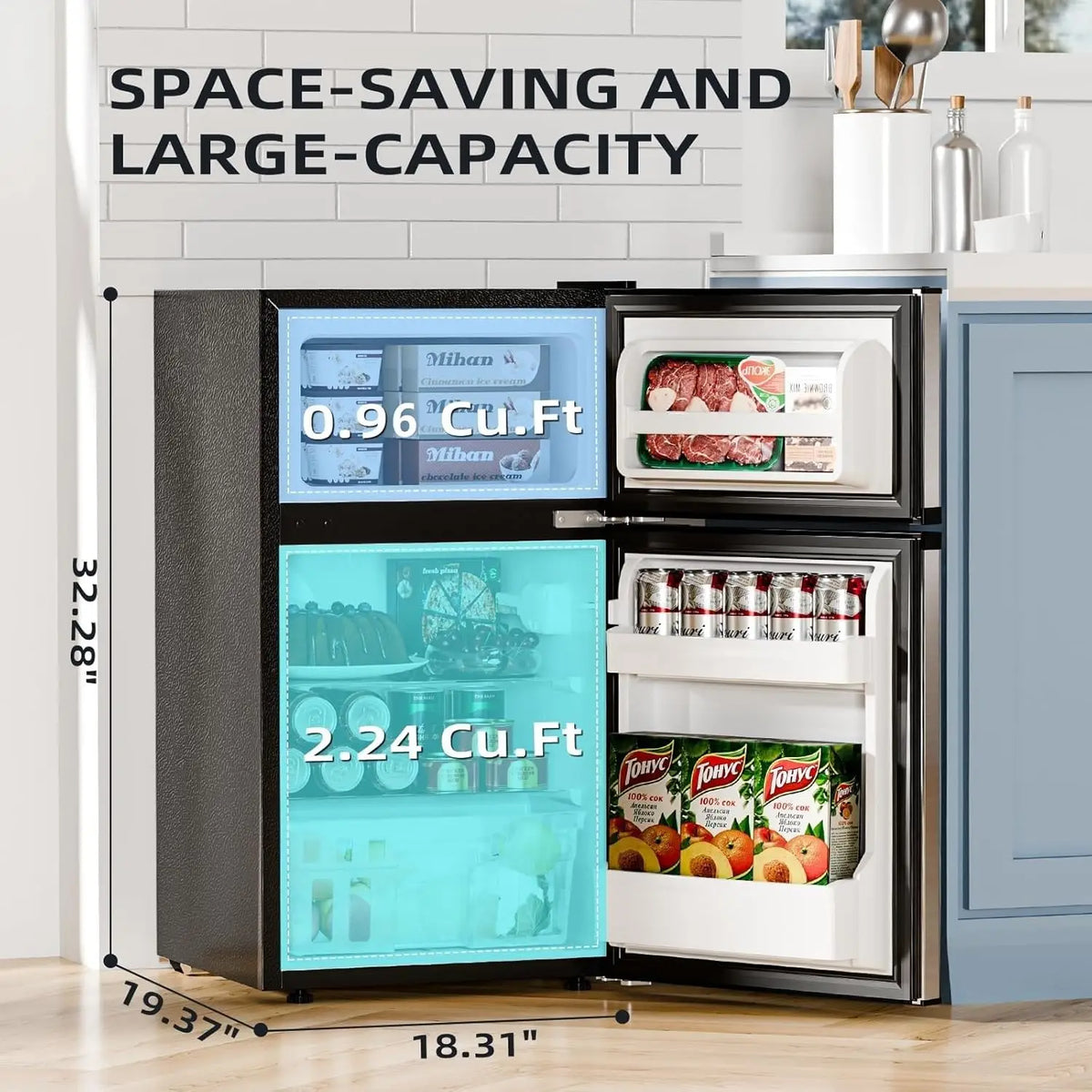 Star 3.2 Cu.Ft,Mini Refrigerator with Freezer,Double Door Mini Fridge,Compact Refrigerator,Adjustable Thermostat