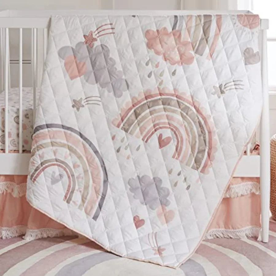 - Over The Rainbow 4-Piece Baby Bed Set - Pink Grey Taupe Tan and Coral - Includes Reversible Quilt Rainbow Fitted Sheet Pink F