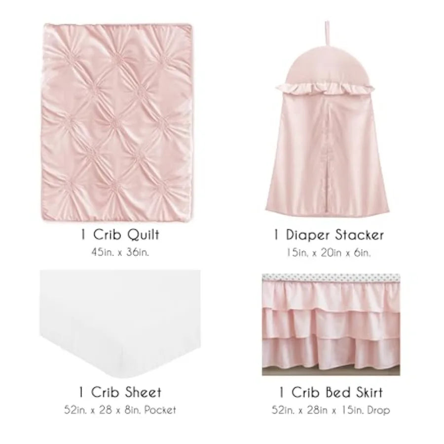 4-Piece Baby Crib Bedding Set Pink Shabby Chic for Girls Infants/Nursery incl. Blanket Fitted Sheet Skirt Diaper Stacker (Elega