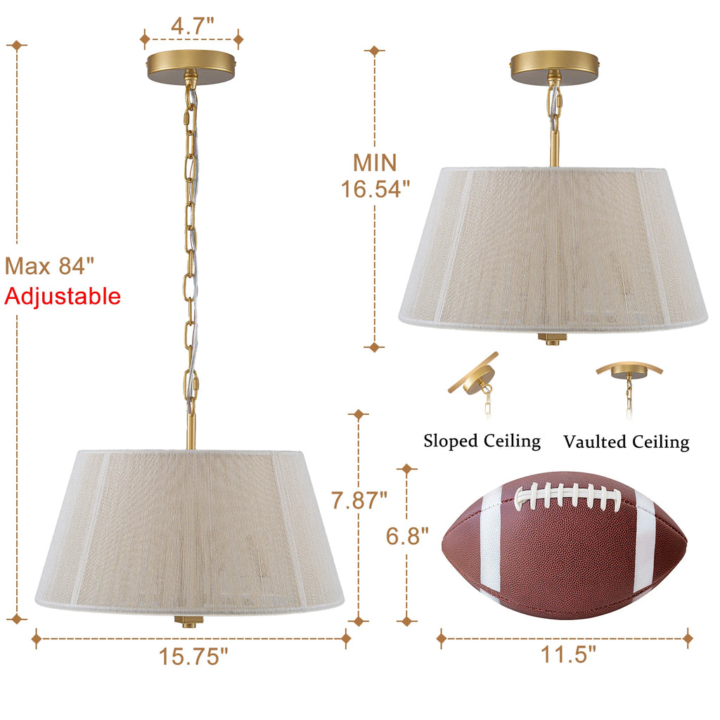 15.75" Gold Drum Pendant Light 4-Light Rattan Chandelier Large Pendant Light Fixtures for Dining Room Kitchen Island Living Room