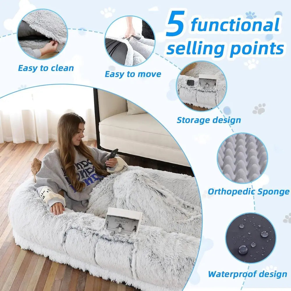 Human Dog Bed - 71"x45"x12" its You & Pets, Washable aux ur, Orthopedic, Plump Pillow, Blanket, Strap - Grey