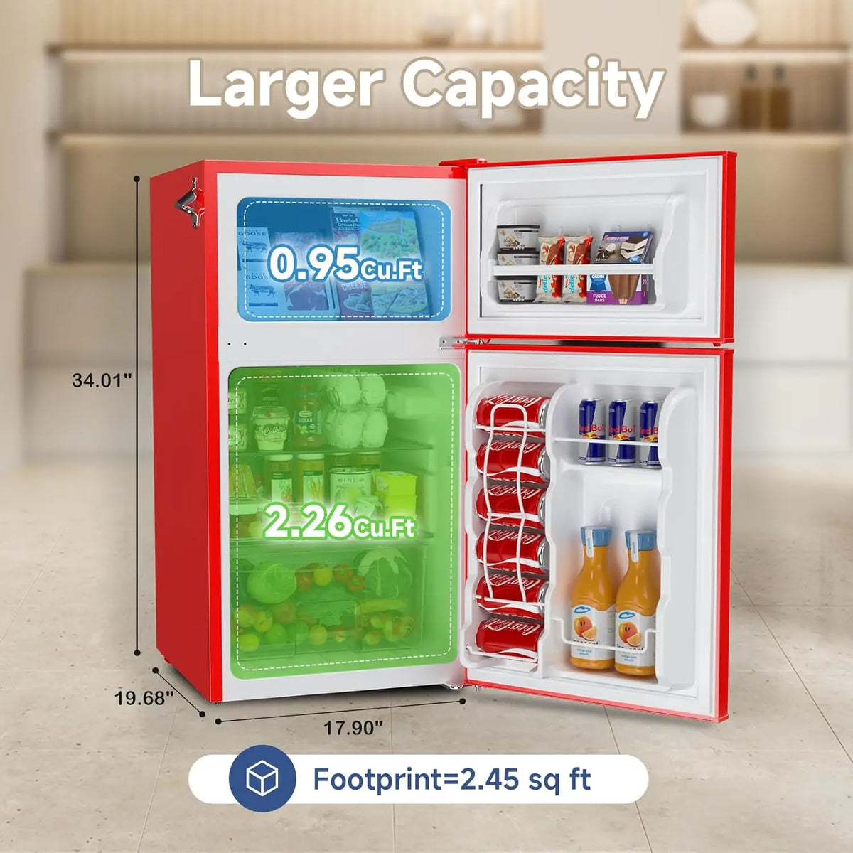 Mini Fridge with Freezer Bedroom, 2 Door Office Small Refrigerator, Door Handle, Bottle Opener,