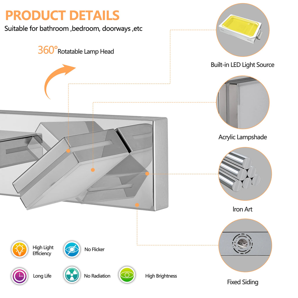 Modern Chrome LED Vanity Light, 5-Lights Wall Sconce for Bathroom and Mirror, Sleek Minimalist Design, Energy-Efficient