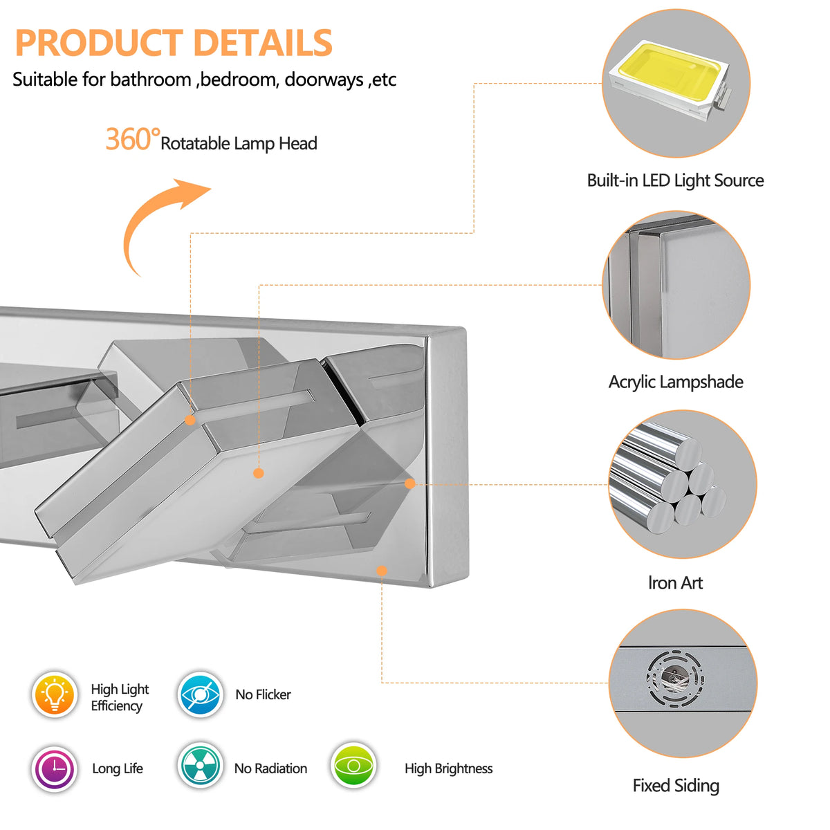 Modern Chrome LED Vanity Light, 5-Lights Wall Sconce for Bathroom and Mirror, Sleek Minimalist Design, Energy-Efficient