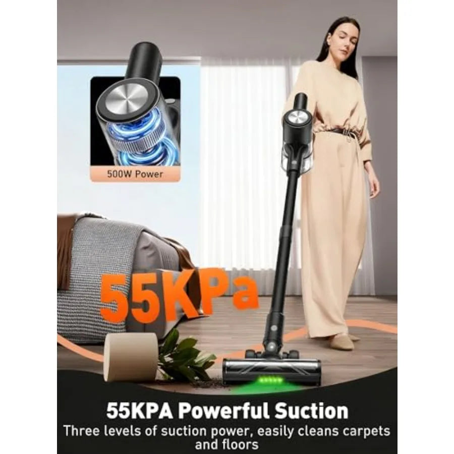 Cordless Stick Vacuum Cleaner 46KPa 500W with 55M Runtime Self-Standing LED Display Anti-Tangle Brush Rechargeable for Hardwood