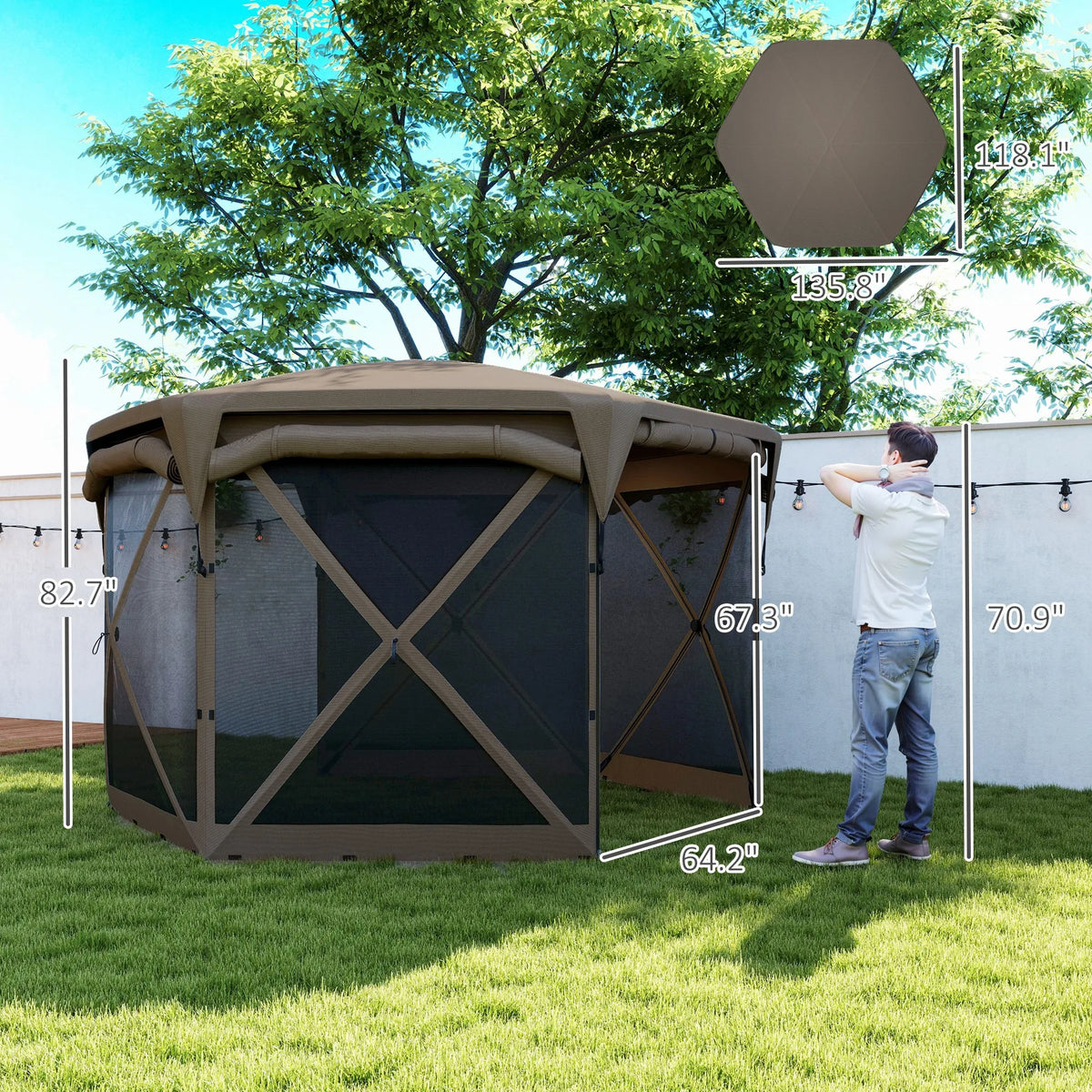 11 X 11ft Pop up Gazebo Screen Tent with Removable Roof Cover, 4 Roll-Up Wind Panels for Camping, Patio, Backyard, Lawn, Brown