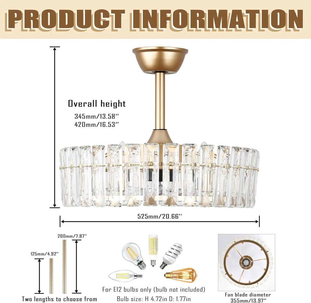 20.7" Modern Crystal Ceiling Fan with Light and Remote,Low Profile Flush Mount Ceiling Fan Gold Chandelier Ceiling Fans 6 Speeds