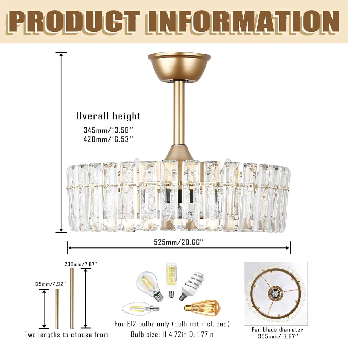 20.7" Modern Crystal Ceiling Fan with Light and Remote,Low Profile Flush Mount Ceiling Fan Gold Chandelier Ceiling Fans 6 Speeds