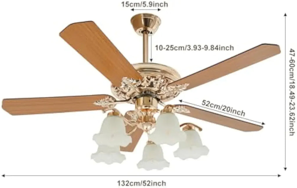 3-Speed Modern Ceiling Fan with Remote Control, 52-Inch Gold Chandelier Ceiling Fan with 5 Wooden Blades and 5 Glass Shades