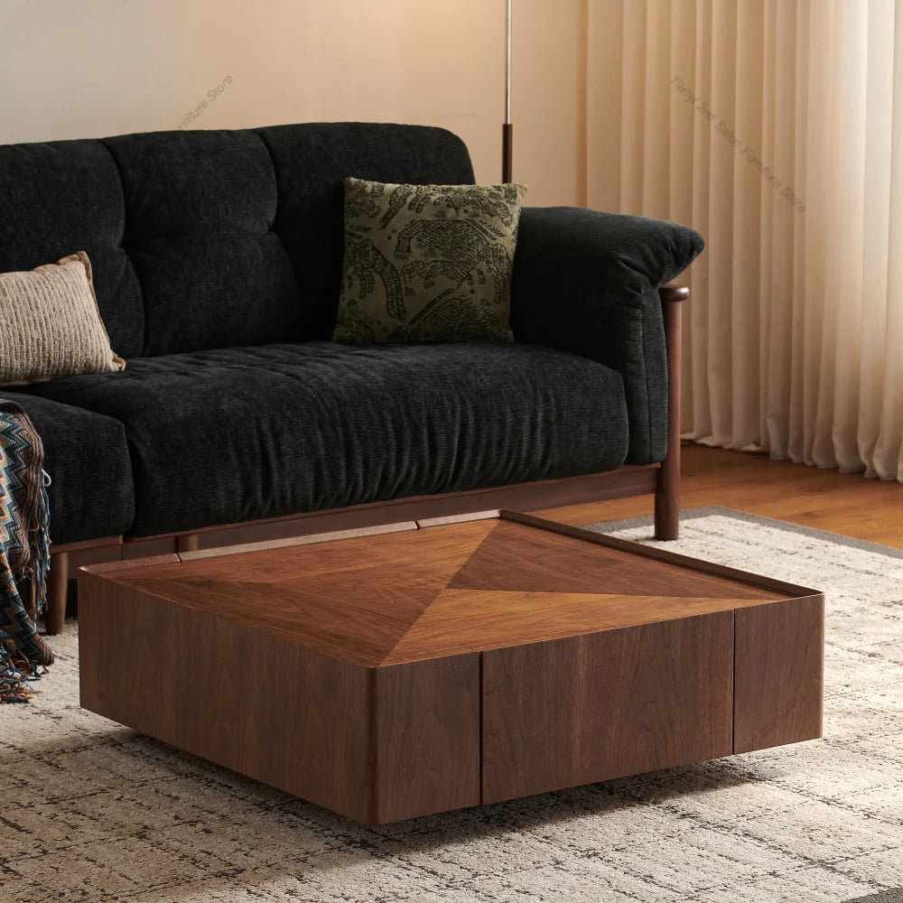 Square Walnut Wood Coffee Table, Modern Center Table for Living Room, Bedroom and Office, Home Decor Tea Table Café Furniture