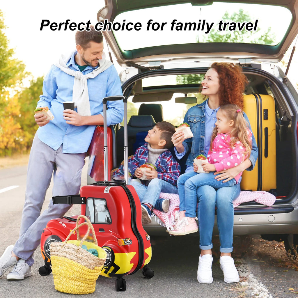 Kids Checked Ride on Luggage, 24 Inch Large Suitcase for Teens, Hardside Spinner Trunk with 360 Wheels, International Travel, Red car