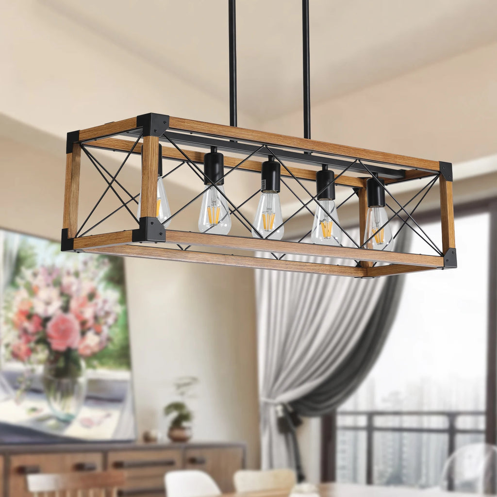 31“Industrial Farmhouse Rectangle Pendant Light - Wood & Iron Metal Frame, 5-Light E26 Bulb Chandelier for Dining Room, Kitchen