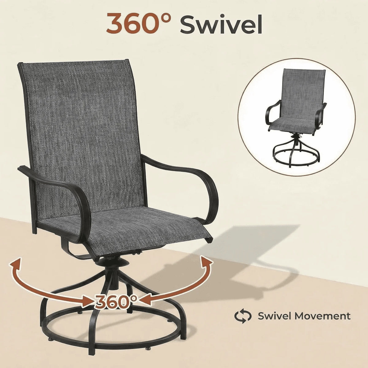 Patio Swivel Dining Chairs Set of 2, Outdoor Chair with Textilene Mesh Fabric & Black Metal Frame for All Weather Outdoor Garden