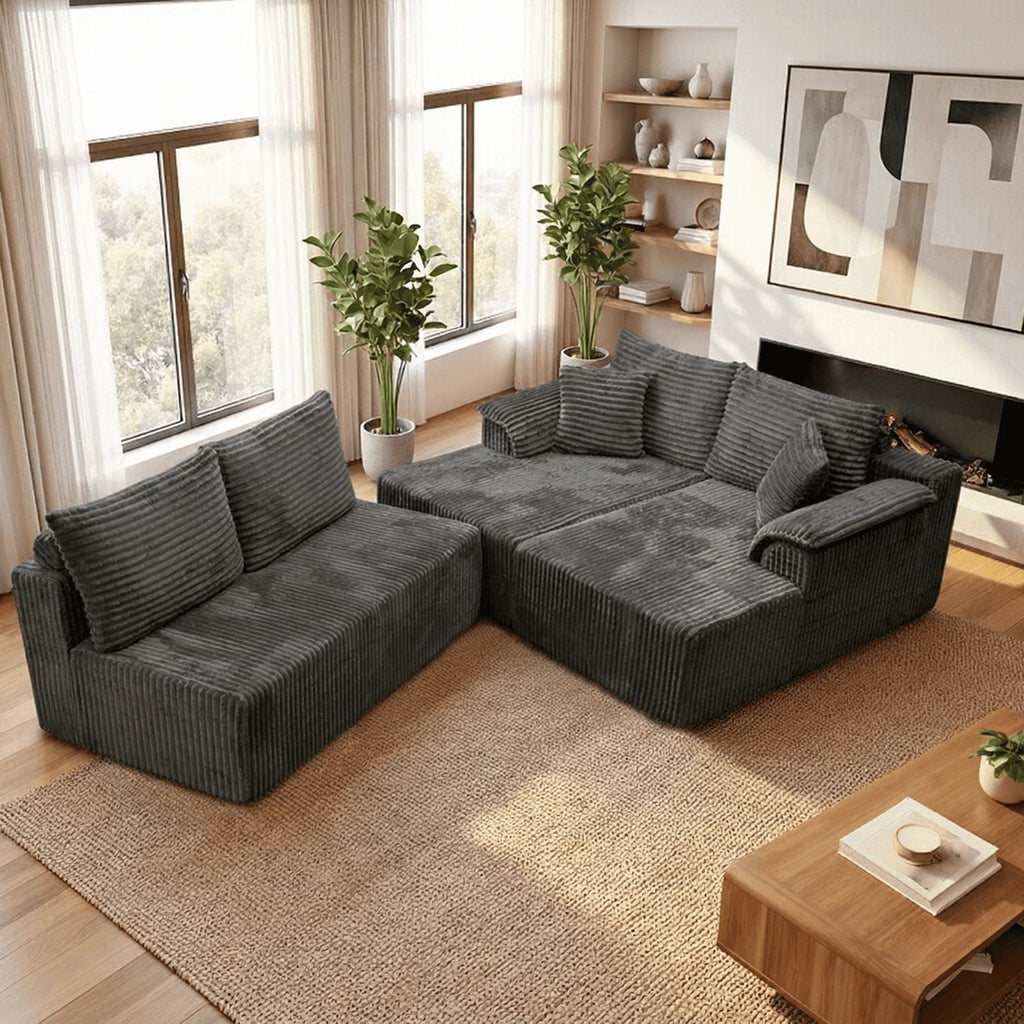 128" Boneless Modular Sectional Cloud Sofa, U-Shaped Double Chaise, Deep Seat, with 8 Free Throw Pillows for Living Room