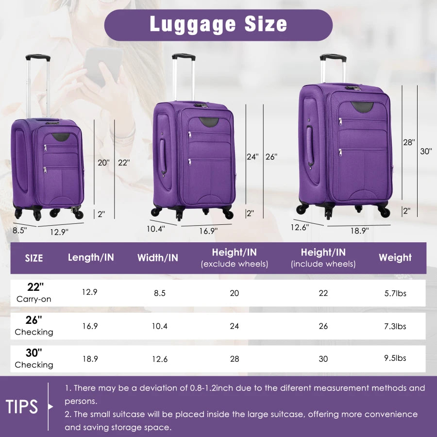 Softside Luggage Expandable 3 Piece Set Suitcase with Duffel Bag Upright Spinner Softshell Lightweight Luggage Travel Set-22/26