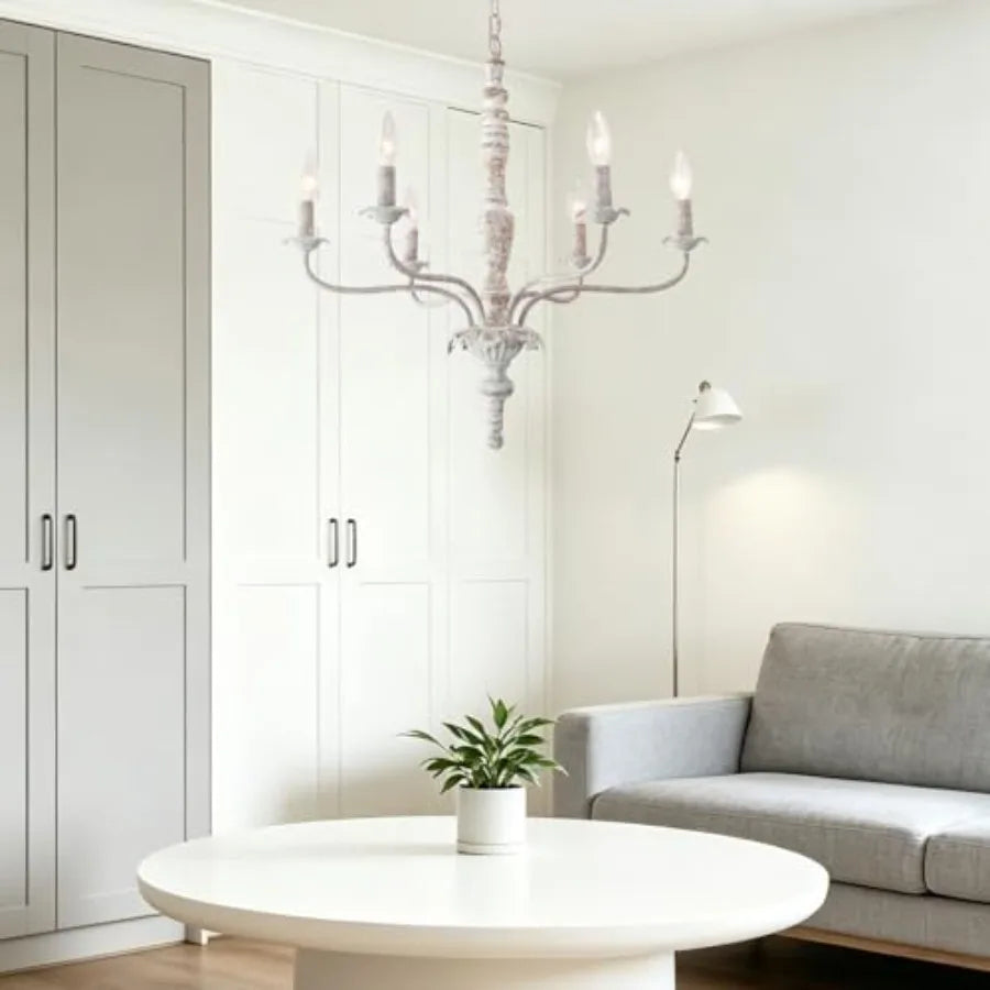 6-Lights French Country Chandelier for Dining Room, Living Room, Kitchen Island, Bedroom Distressed Wood, White, Vintage Modern