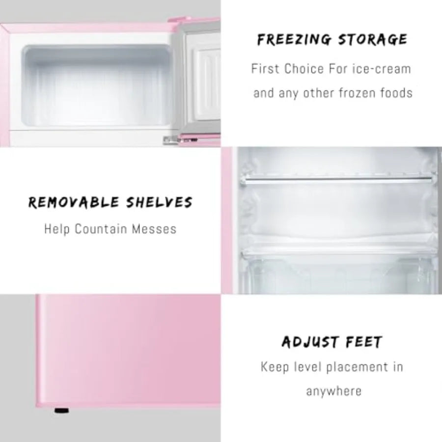 Mini fridge with freezer for bedroom, office, kitchen, apartment, dorm; pink compact refrigerator, 3.2 cu.ft, two-door design,