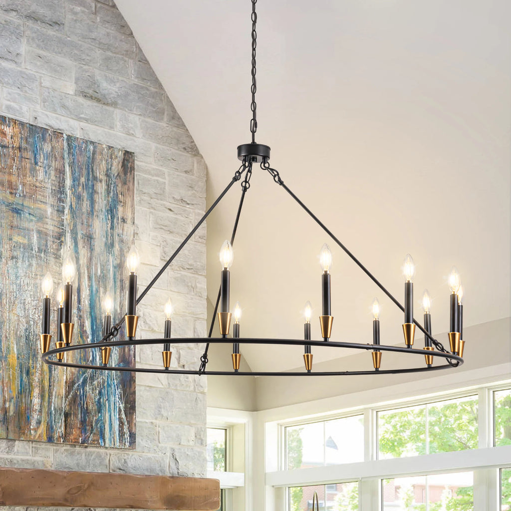 15-Lights Wagon Wheel Chandelier Black Farmhouse Chandelier Rustic Candle Pendant Light Dining Living Room Foyer Lighting