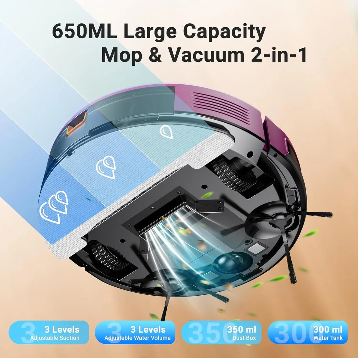 Robot Vacuum and Mop Combo 5000Pa, 650mL, WiFi/Alexa/App Control, Self-Charging Ultra-Slim Cleaner
