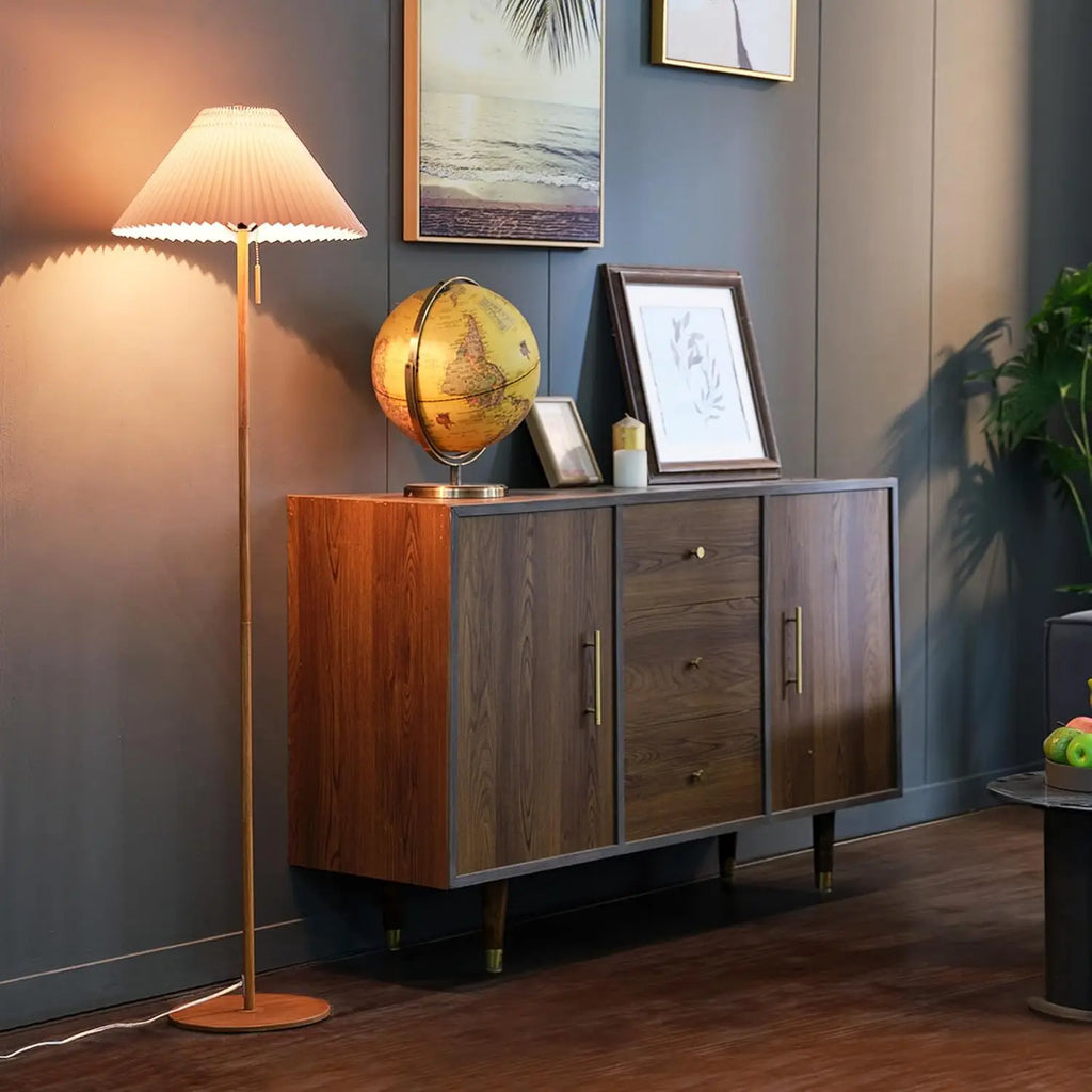 62" Modern Floor Lamp with Wood-Toned Base and Pleated Shade, Pull Chain Switch for Living Room or Bedroom Lighting