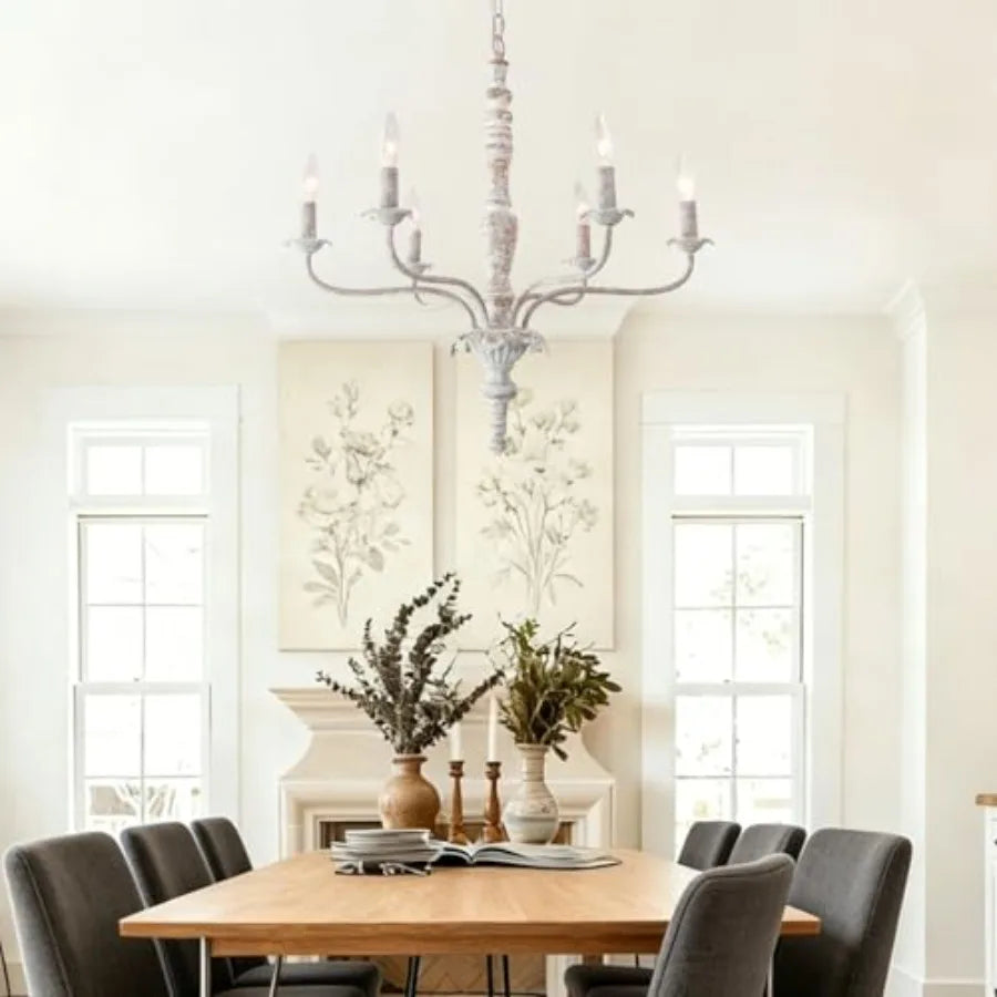 6-Lights French Country Chandelier for Dining Room, Living Room, Kitchen Island, Bedroom Distressed Wood, White, Vintage Modern