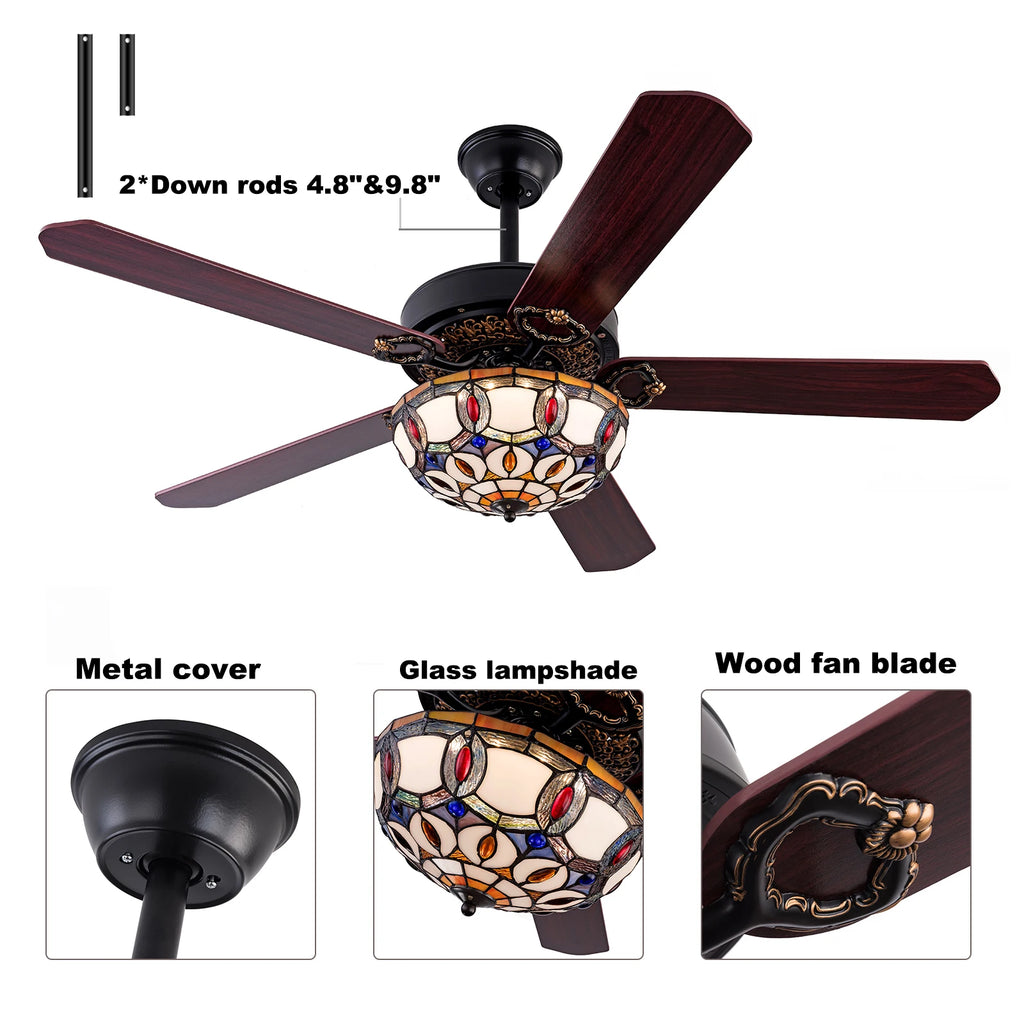 52'' Tiffany Ceiling Fan with 3 Lights + Remote Control Wooden Ceiling Fan