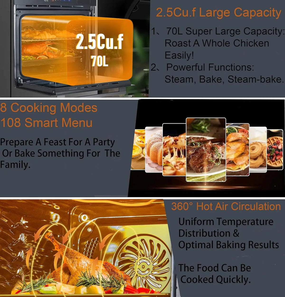 24" Built-in Electric Ovens with 70L Capacity 3000W Single Wall Oven with View Window Steam & Grill Oven 8 Cooking Functions