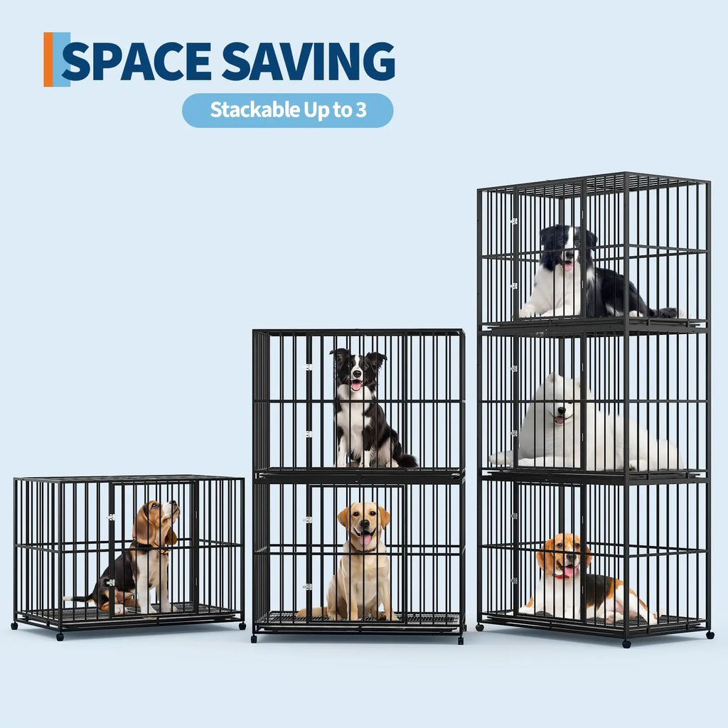 36/42/48 Inch Heavy Duty Stainless Steel Dog Crate Escape Proof Indestructible Dog Kennel  With Wheels & Removable Tray