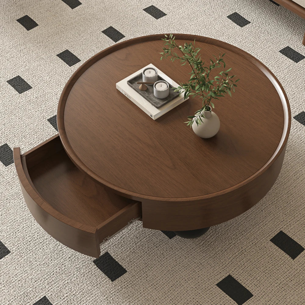 Round Walnut Coffee Table with Storage Drawer and Black Ball Feet, Mid-Century Modern Wooden Cocktail Table for Living Room FYCT
