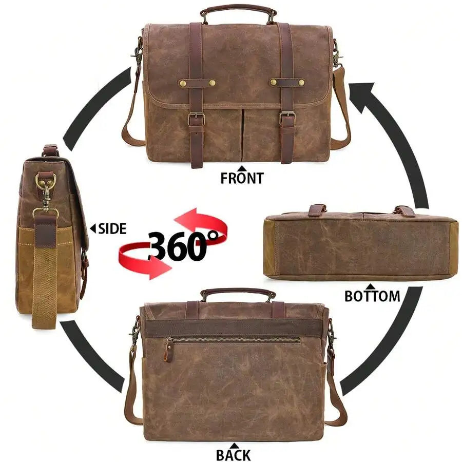 Men's Vintage Leather & Waxed Canvas Messenger Bag: Waterproof 15.6" Laptop Briefcase with Pencil Pouch. Rugged Satchel.