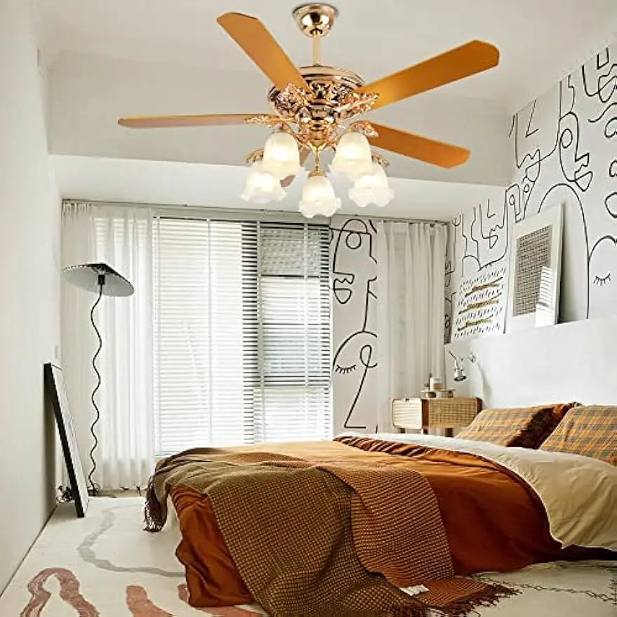 3-Speed Modern Ceiling Fan with Remote Control, 52-Inch Gold Chandelier Ceiling Fan with 5 Wooden Blades and 5 Glass Shades