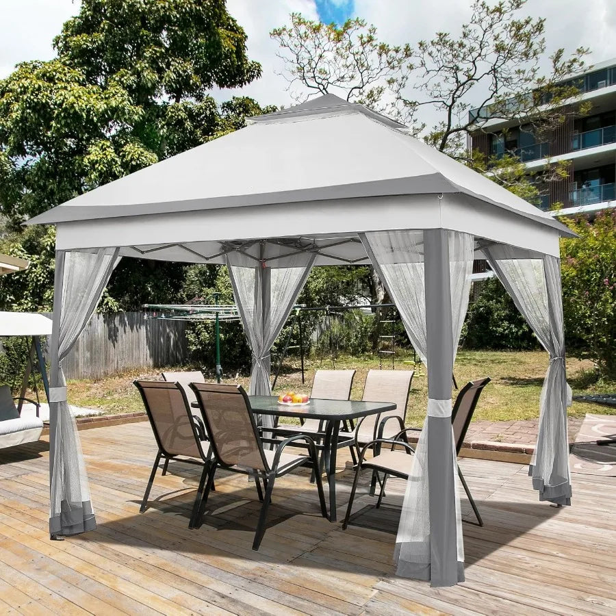 11x11 Pop Up Gazebo Double-Tier Canopy Tent w/Mesh Netting, Gray